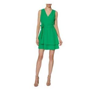 LAUNDRY  Green Stretch Zippered Ruffled Self Tie Waist Sleeveless Surplice